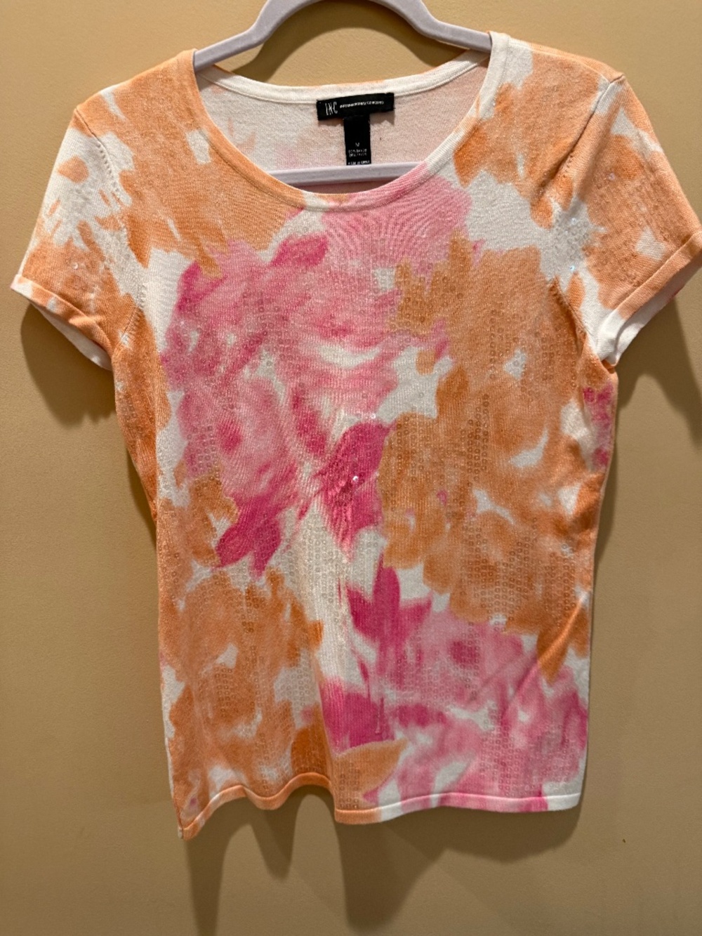INC SEQUINS PINK/WHITE/PEACH SWEATER KNIT TOP